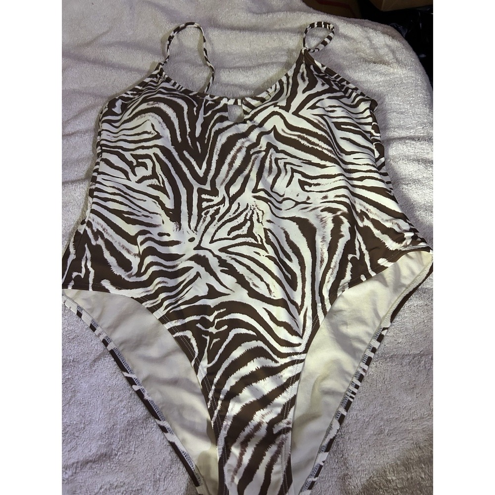 No Boundaries Zebra Print One Piece Swimsuit‎ Women's XL 16-18 Brown White